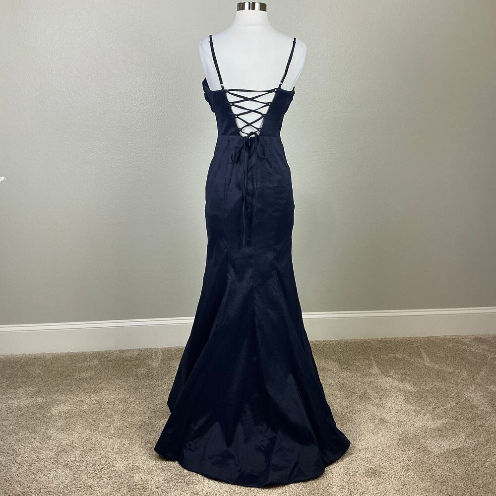 Blondie Nites Navy Blue Evening Gown Satin Lace Up Formal Mermaid Dress Size 7 - Picture 3 of 12